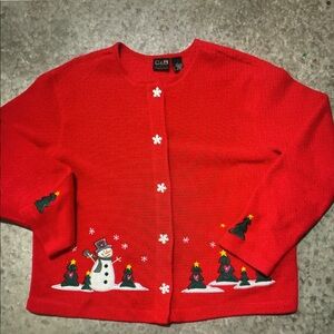 Red Festive Cardigan with Snowman Design